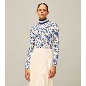 NWT TORY BURCH Printed Rib Turtleneck Top Blue Floral Striped Blouse Medium